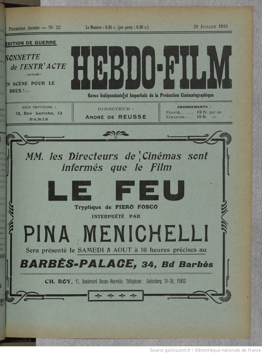 HEBDO-FILM magazine side cover Issue 22 29 July 1916