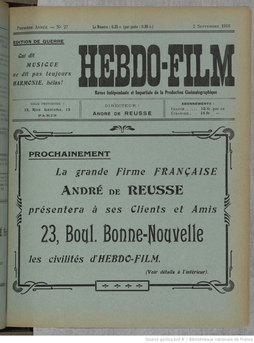 HEBDO-FILM magazine side cover Issue 27 2 September 1916