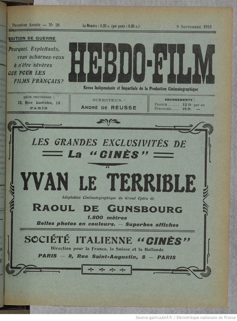 HEBDO-FILM magazine side cover Issue 28 9 September 1916