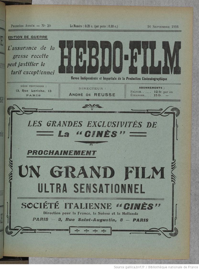 HEBDO-FILM magazine side cover Issue 29 16 September 1916