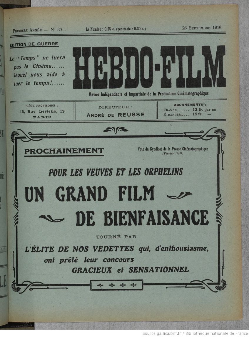 HEBDO-FILM magazine side cover Issue 30 23 September 1916