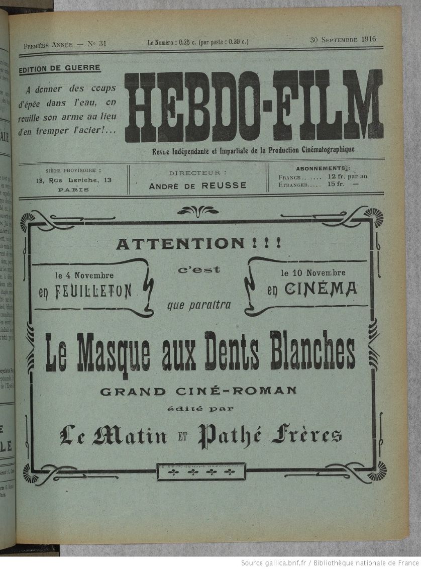 HEBDO-FILM magazine side cover Issue 31 30 September 1916