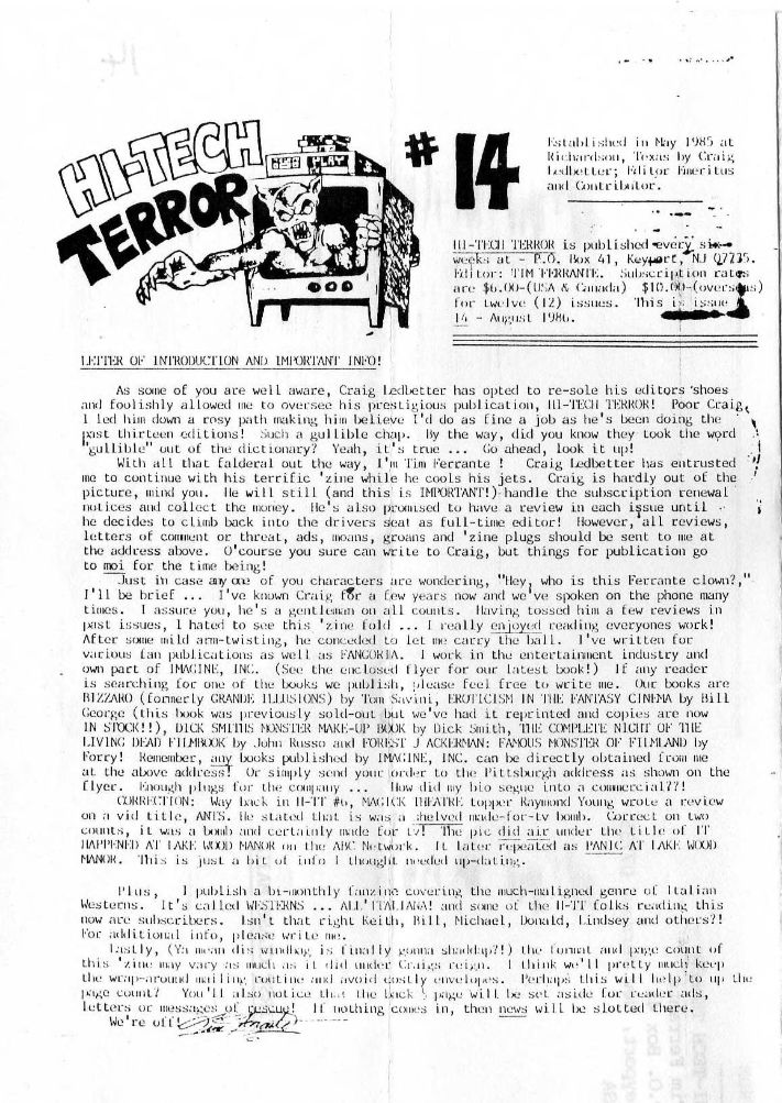 HI-TECH TERROR magazine side cover Issue 14 August 1986