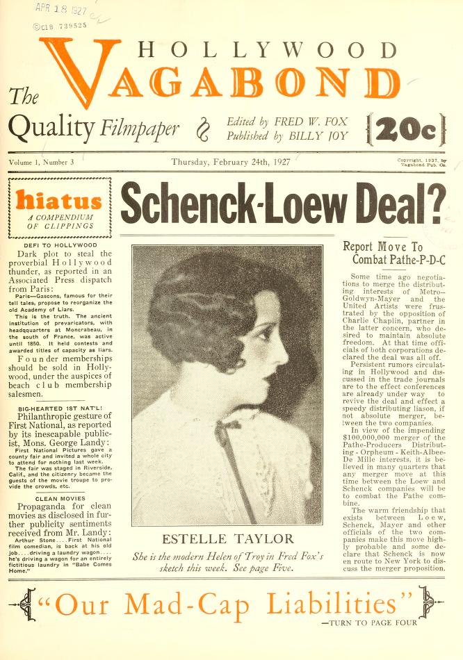 HOLLYWOOD VAGABOND magazine side cover Issue 3 24 February 1927