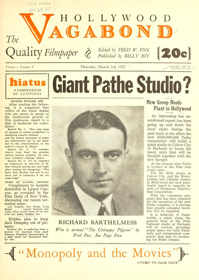HOLLYWOOD VAGABOND magazine side cover 3 March 1927