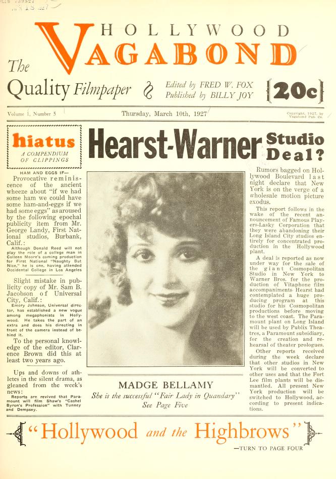 HOLLYWOOD VAGABOND magazine side cover Issue 5 10 March 1927