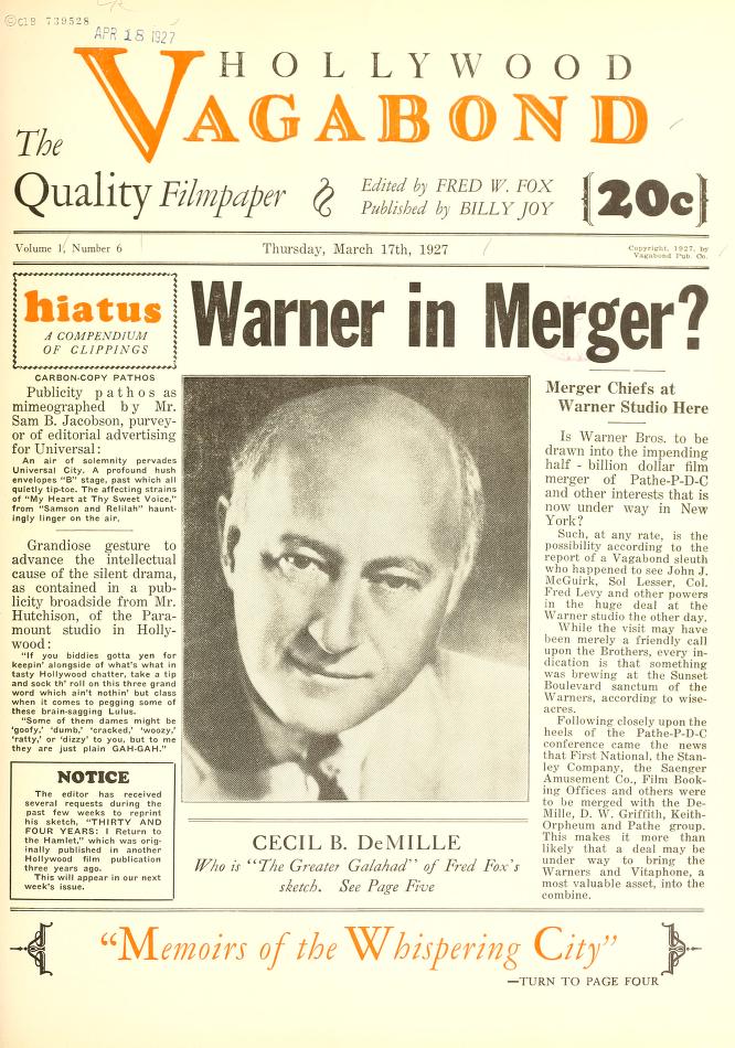 HOLLYWOOD VAGABOND magazine side cover Issue 6 17 March 1927
