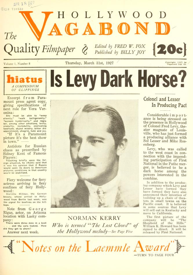 HOLLYWOOD VAGABOND magazine side cover Issue 8 31 March 1927