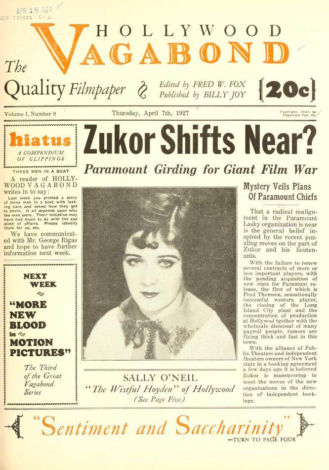 HOLLYWOOD VAGABOND magazine side cover Issue 9 7 April 1927
