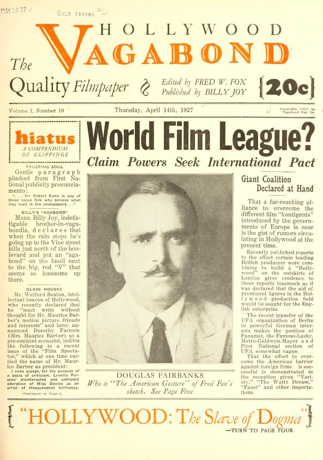 HOLLYWOOD VAGABOND magazine side cover Issue 10 14 April 1927
