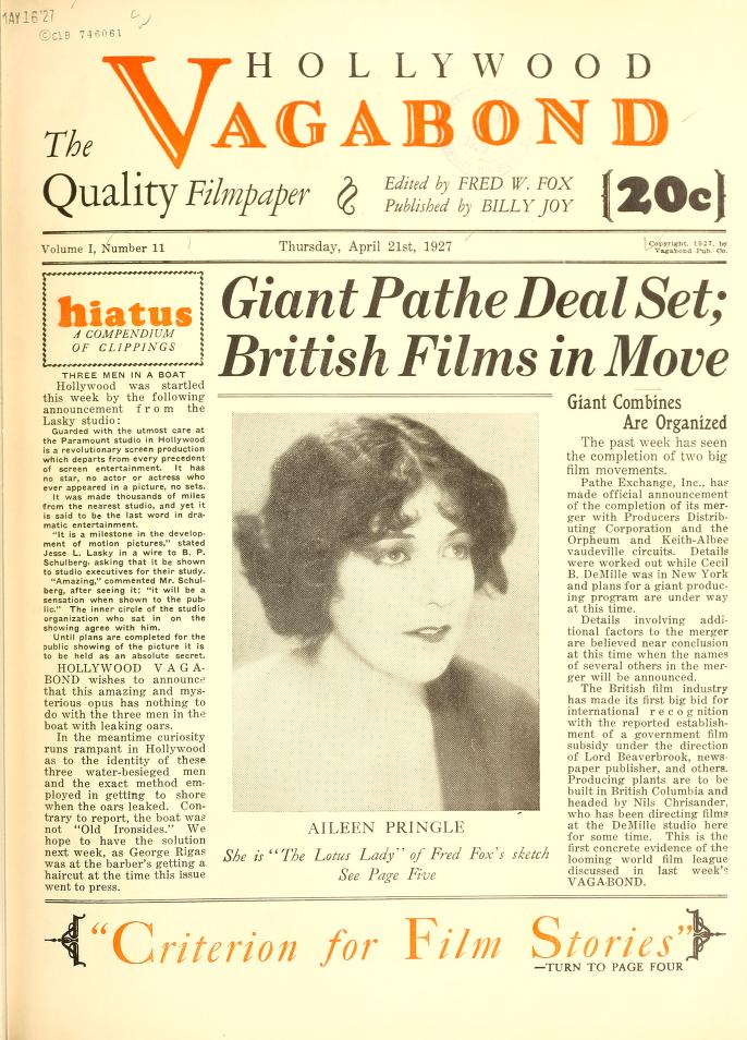 HOLLYWOOD VAGABOND magazine side cover Issue 11 21 April 1927
