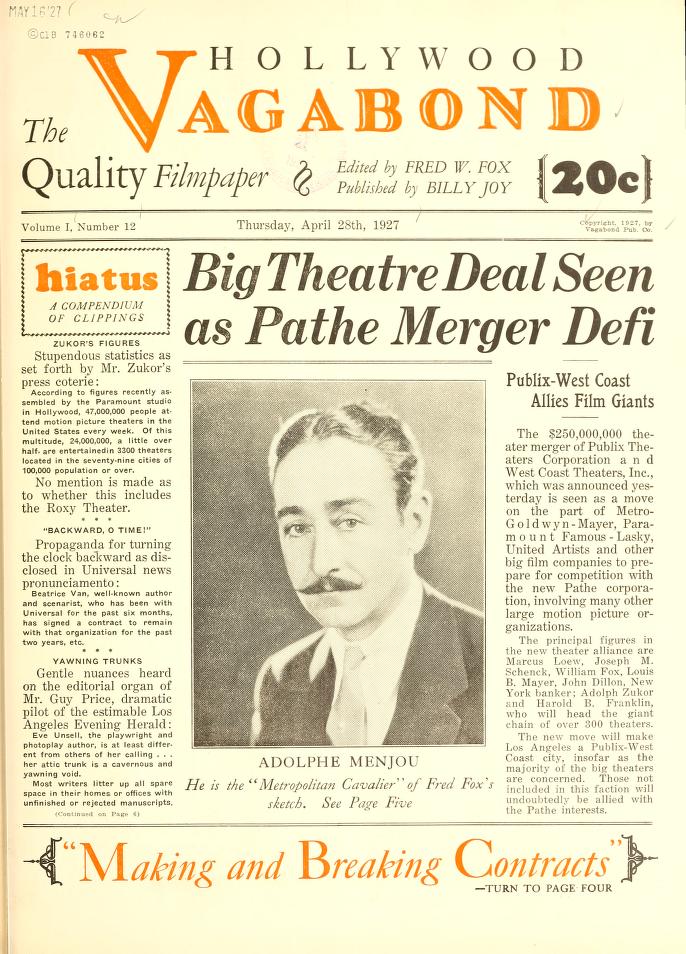 HOLLYWOOD VAGABOND magazine side cover Issue 12 28 April 1927