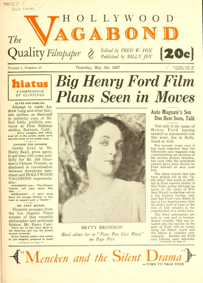HOLLYWOOD VAGABOND magazine side cover Issue 13 5 May 1927