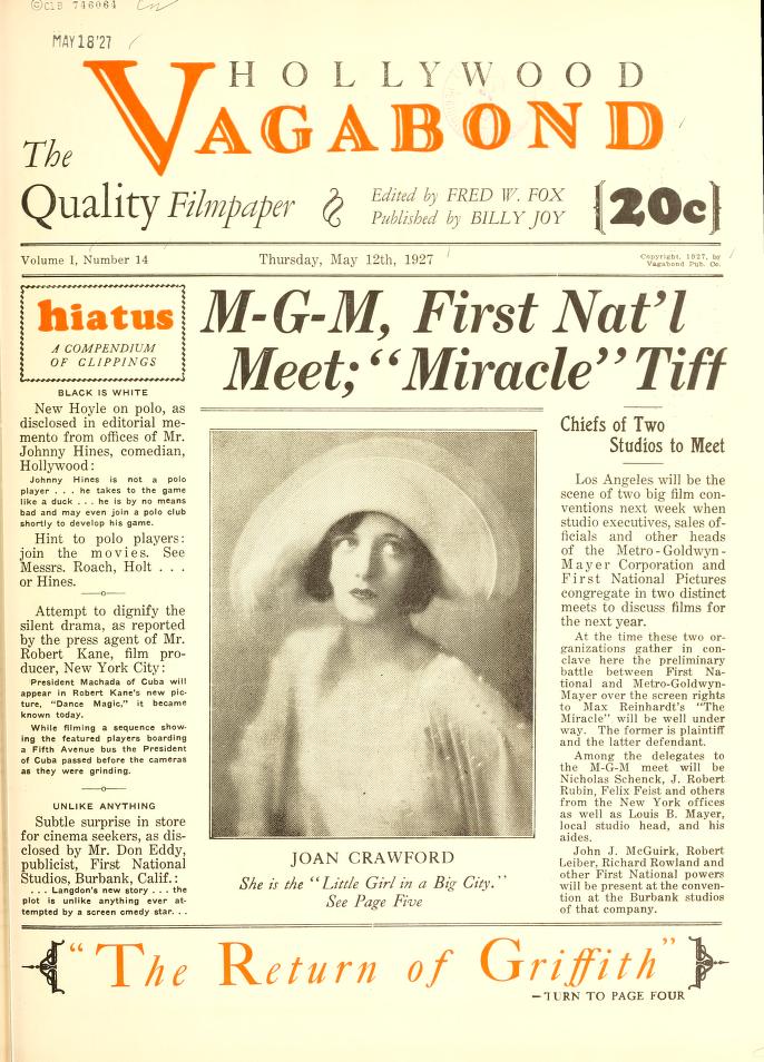 HOLLYWOOD VAGABOND magazine side cover Issue 14 12 May 1927