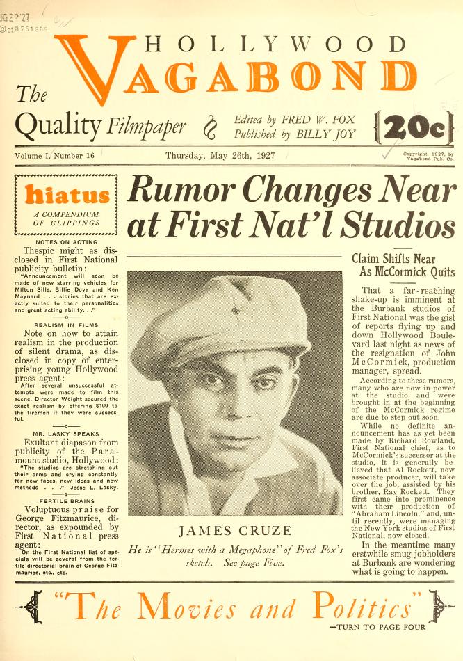HOLLYWOOD VAGABOND magazine side cover Issue 16 26 May 1927