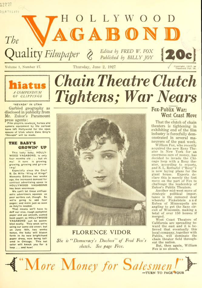 HOLLYWOOD VAGABOND magazine side cover Issue 17 2 June 1927