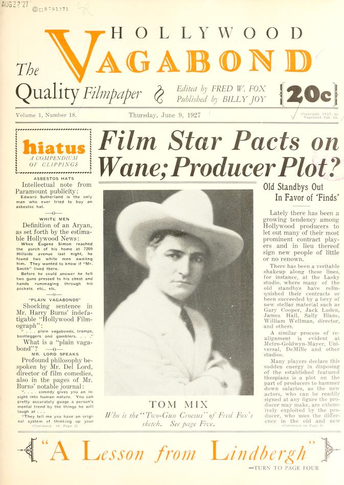 HOLLYWOOD VAGABOND magazine side cover Issue 18 9 June 1927