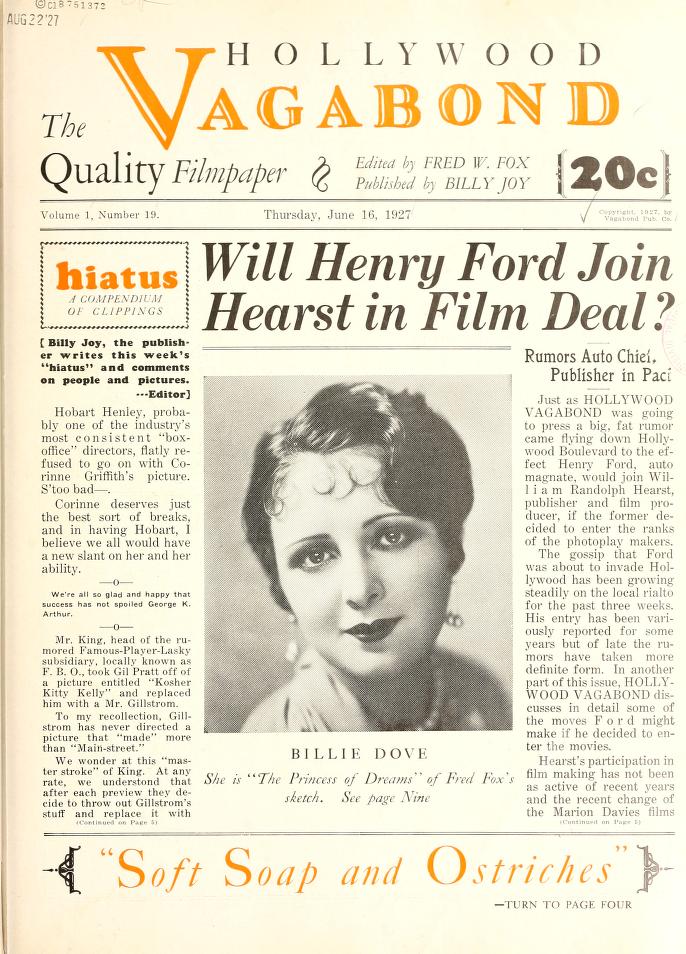 HOLLYWOOD VAGABOND magazine side cover Issue 19 16 June 1927