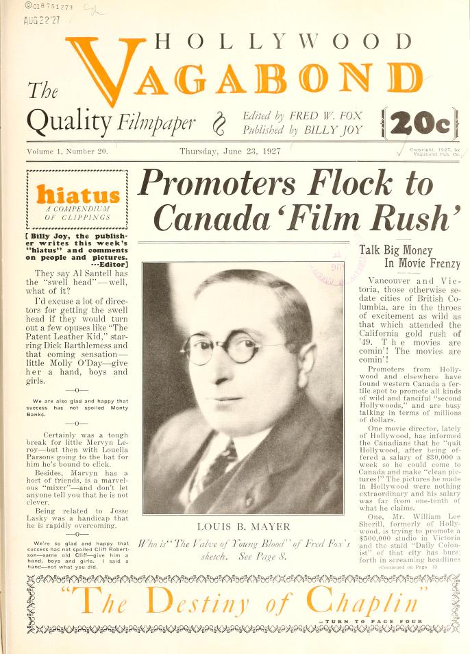 HOLLYWOOD VAGABOND magazine side cover Issue 20 23 June 1927