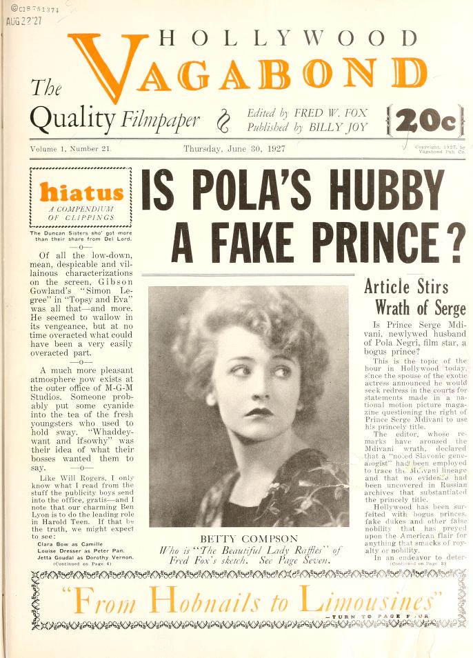 HOLLYWOOD VAGABOND magazine side cover Issue 21 30 June 1927