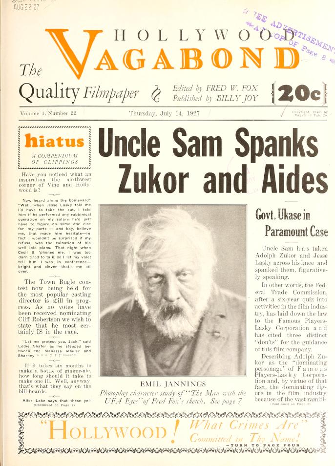 HOLLYWOOD VAGABOND magazine side cover Issue 22 14 July 1927