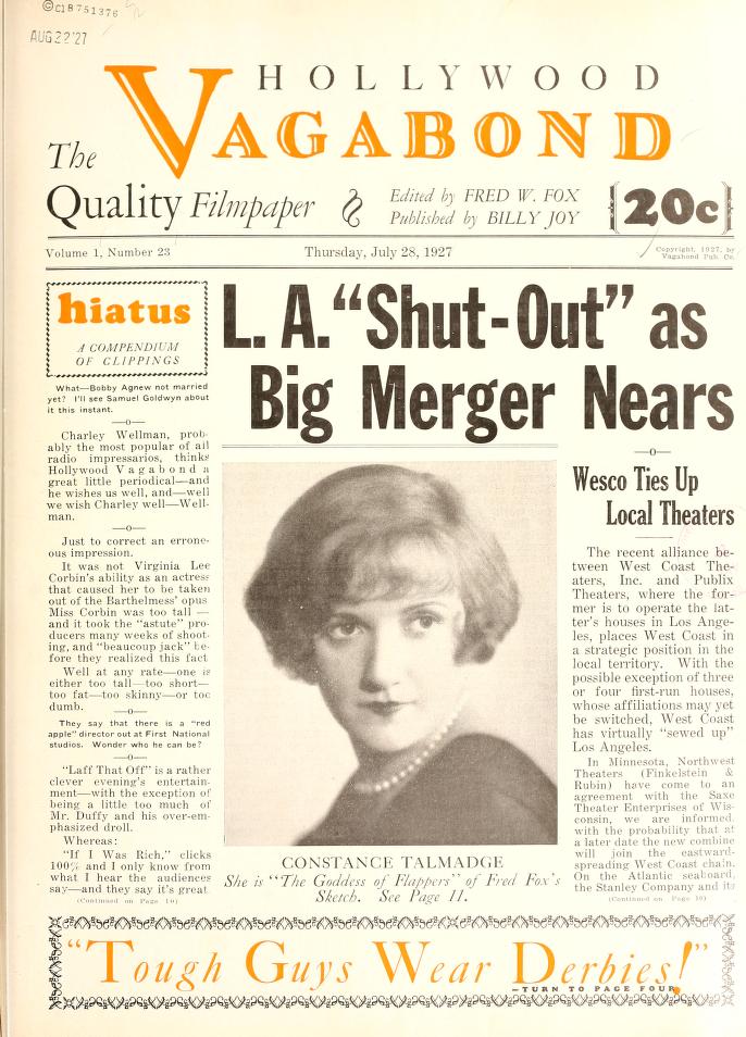HOLLYWOOD VAGABOND magazine side cover Issue 23 28 July 1927