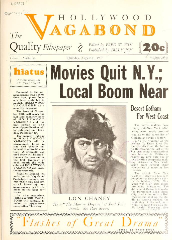 HOLLYWOOD VAGABOND magazine side cover Issue 24 11 August 1927