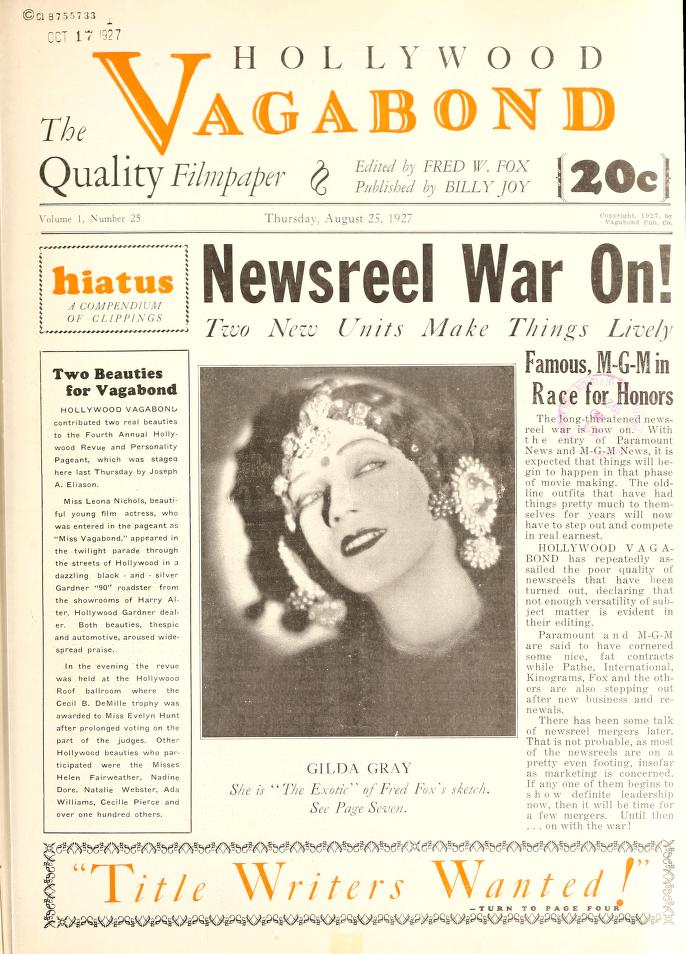 HOLLYWOOD VAGABOND magazine side cover Issue 25 25 August 1927