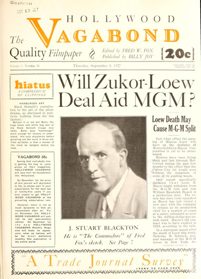 HOLLYWOOD VAGABOND magazine side cover Issue 26 8 September 1927