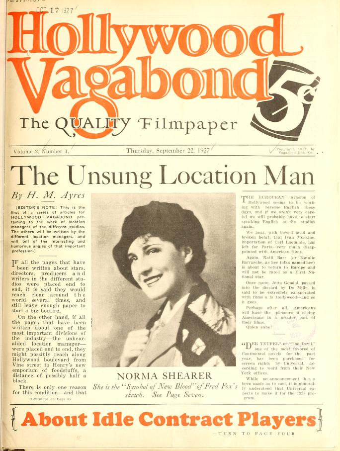 HOLLYWOOD VAGABOND magazine side cover Issue 27 22 September 1927