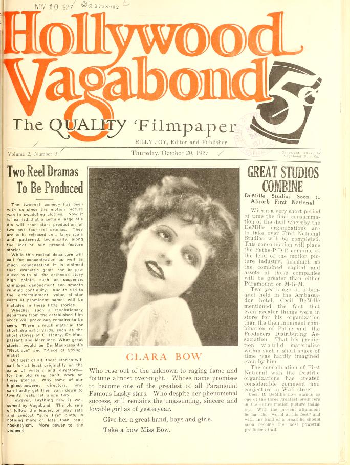 HOLLYWOOD VAGABOND magazine side cover Issue 29 20 October 1927