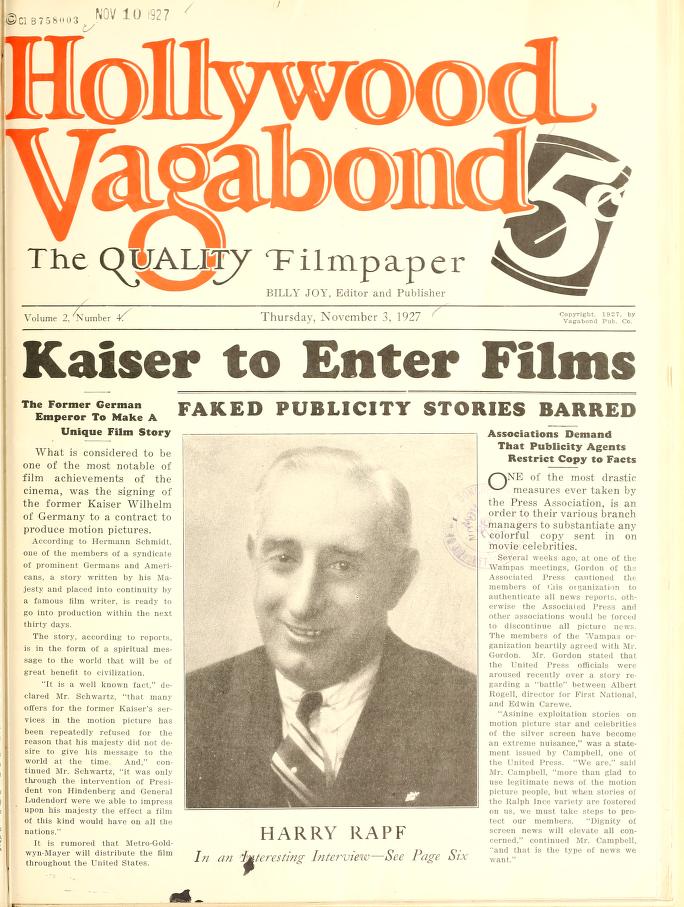 HOLLYWOOD VAGABOND magazine side cover Issue 30 3 November 1927