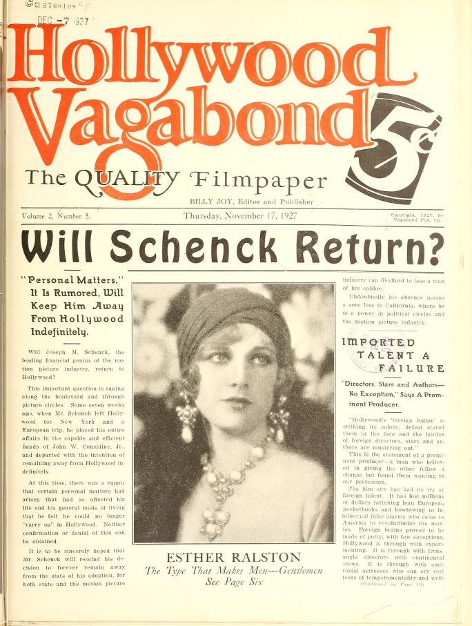 HOLLYWOOD VAGABOND magazine side cover Issue 31 17 November 1927