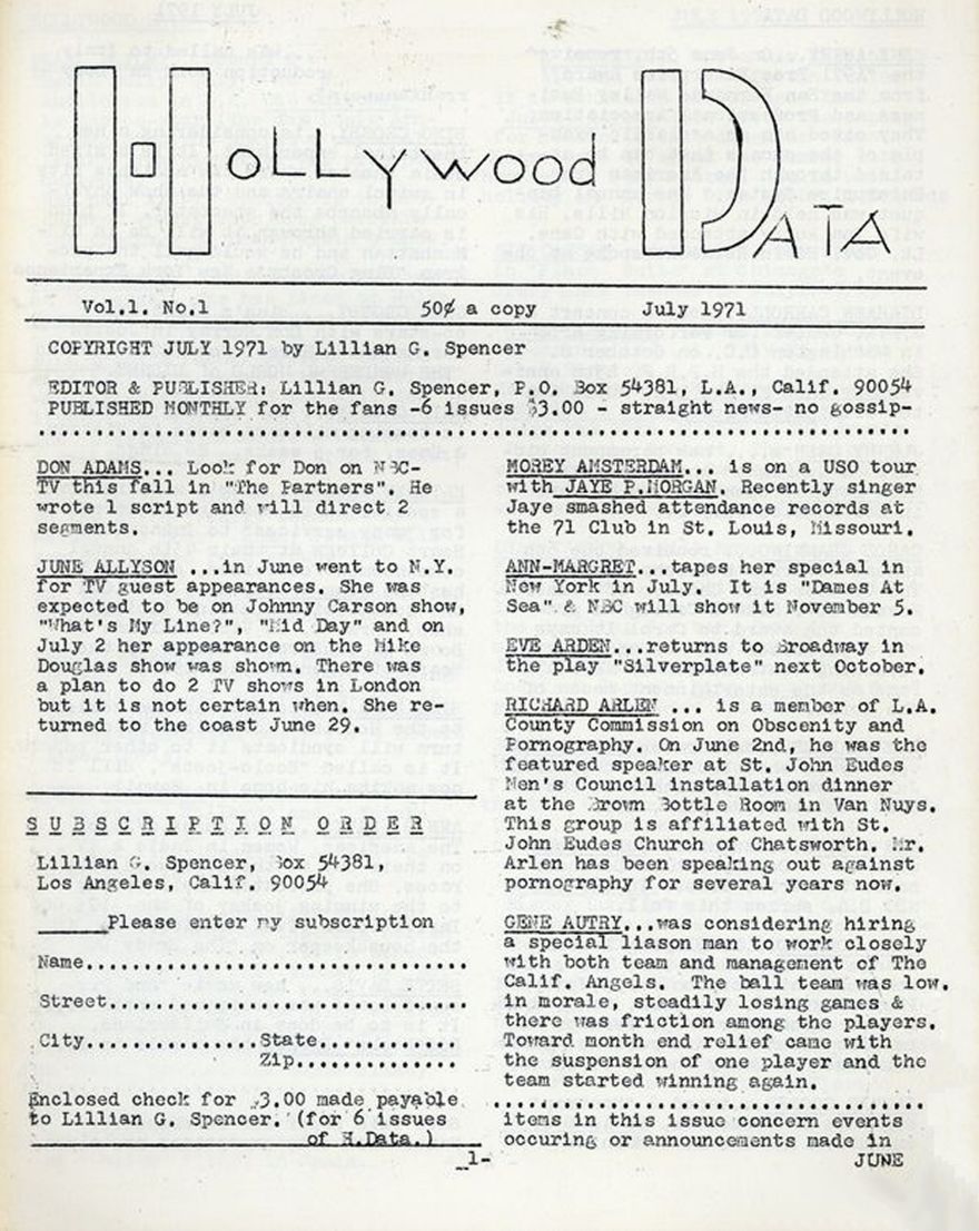 HOLLYWOOD DATA magazine side cover Issue 1  Vol 1 # 1  July 1971