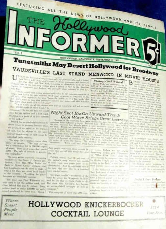 HOLLYWOOD INFORMER magazine side cover Issue 1 6 September 1935