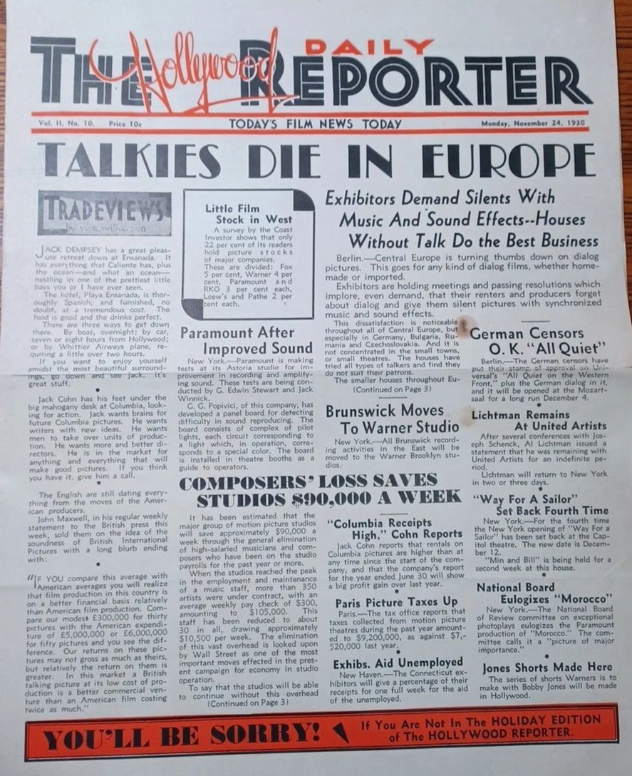 HOLLYWOOD REPORTER | THE magazine side cover 24 November 1930