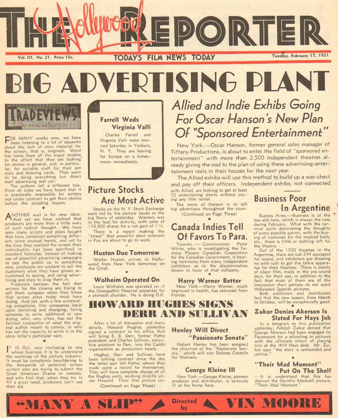 HOLLYWOOD REPORTER | THE magazine side cover 17 February 1931