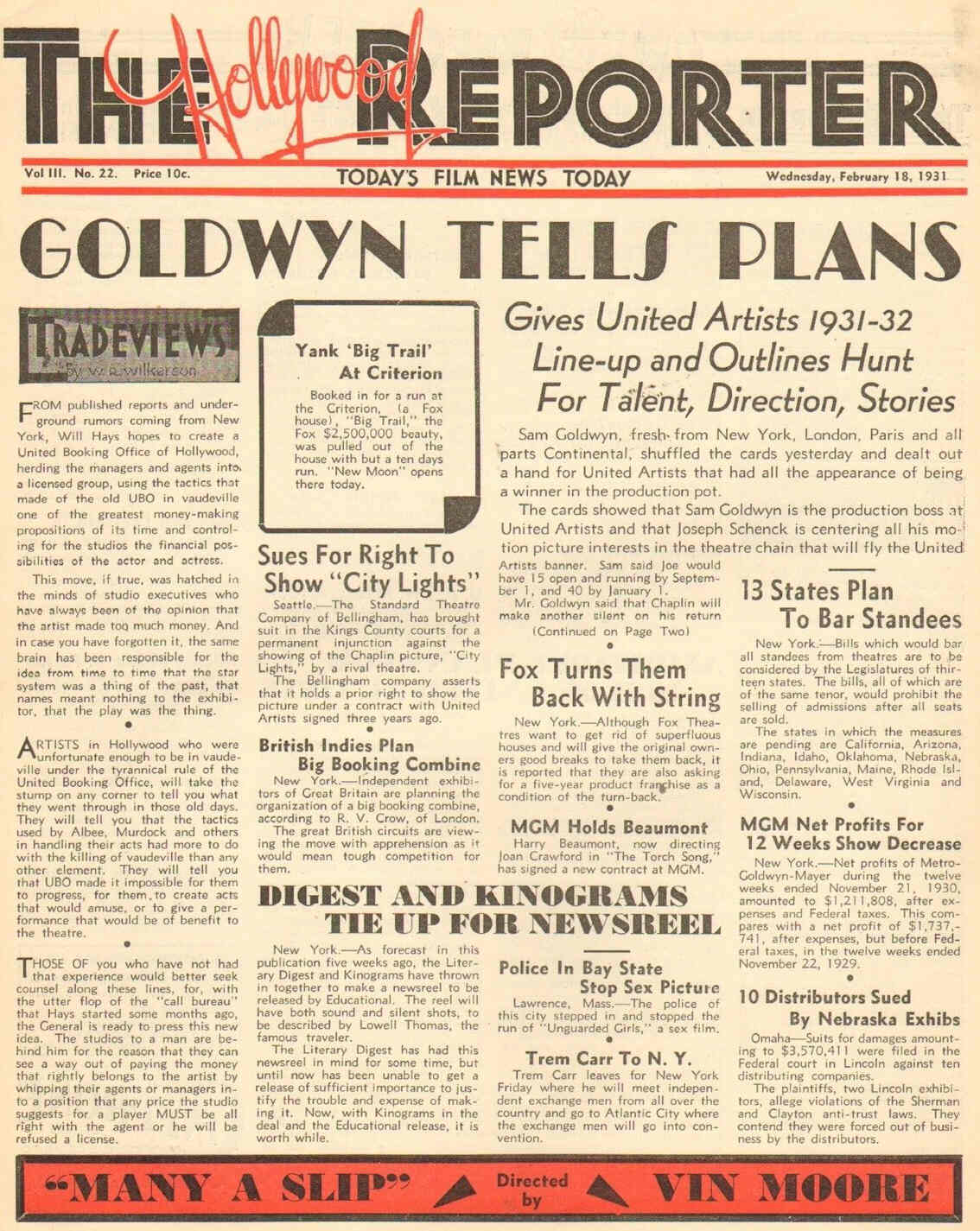 HOLLYWOOD REPORTER | THE magazine side cover 18 February 1931