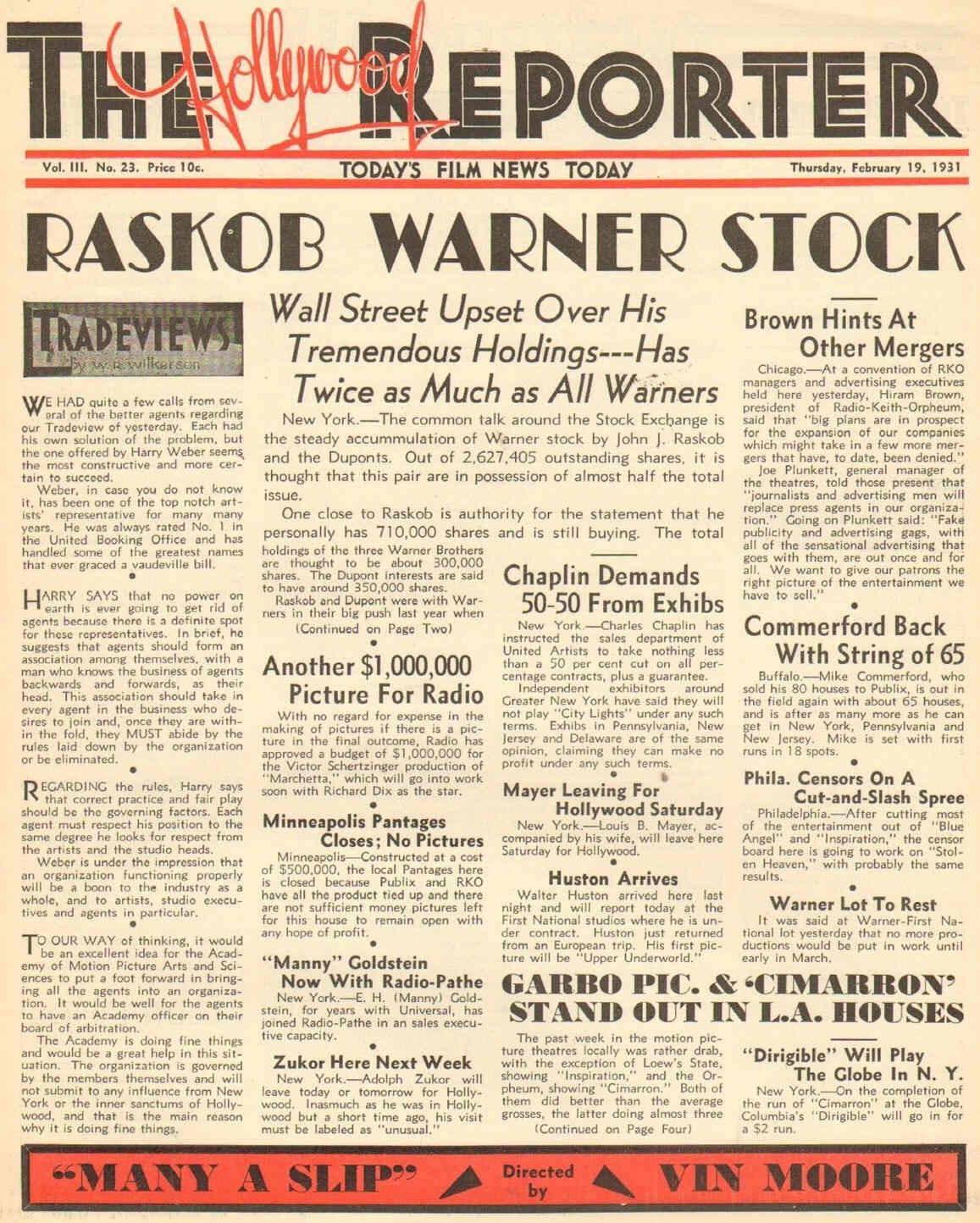 HOLLYWOOD REPORTER | THE magazine side cover 19 February 1931