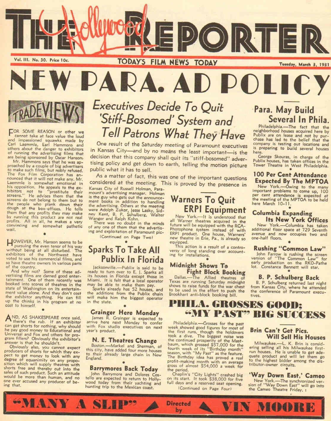 HOLLYWOOD REPORTER | THE magazine side cover 3 March 1931