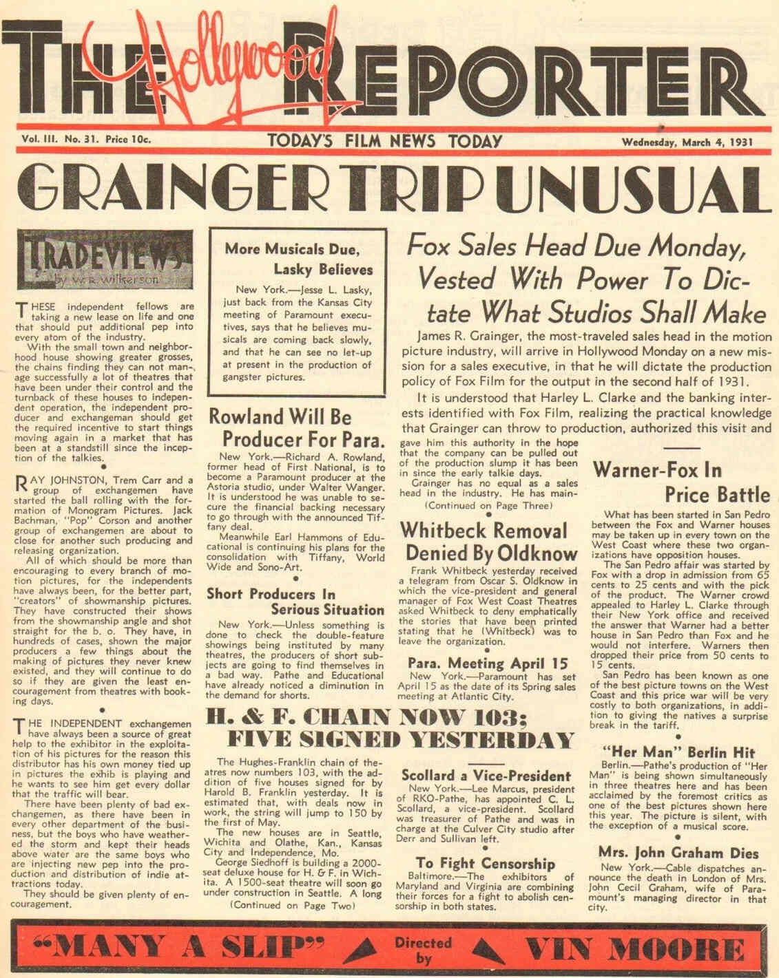 HOLLYWOOD REPORTER | THE magazine side cover 4 March 1931