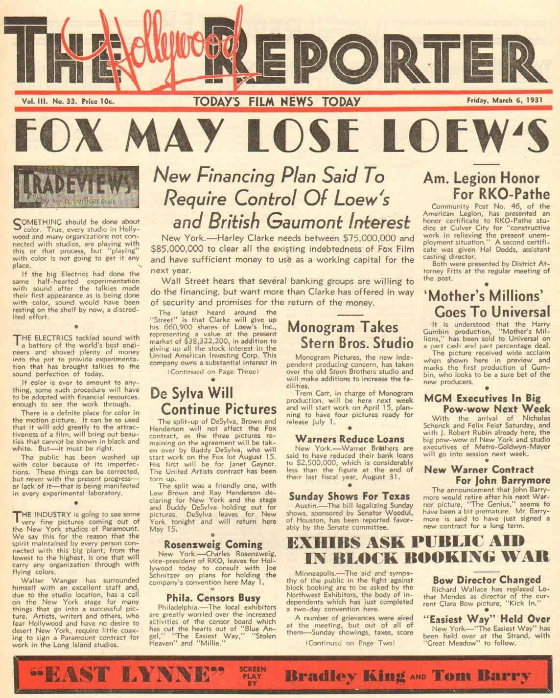 HOLLYWOOD REPORTER | THE magazine side cover 6 March 1931
