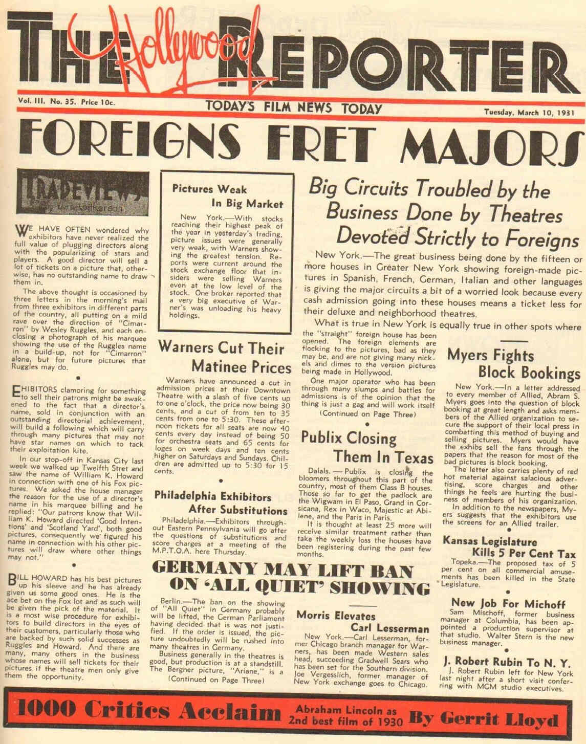 HOLLYWOOD REPORTER | THE magazine side cover 10 March 1931