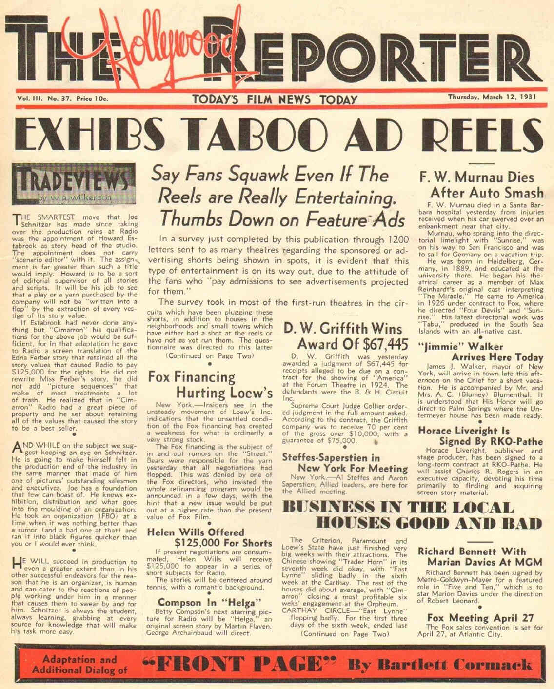 HOLLYWOOD REPORTER | THE magazine side cover 12 March 1931