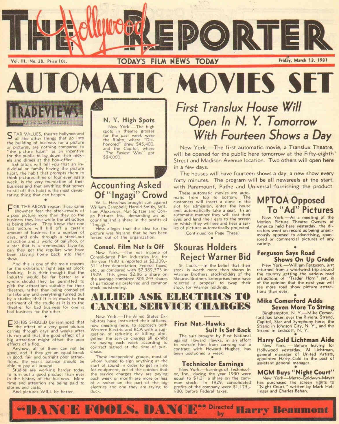 HOLLYWOOD REPORTER | THE magazine side cover 13 March 1931