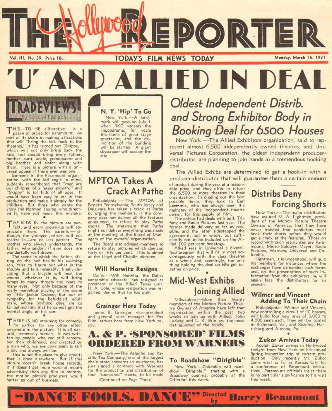 HOLLYWOOD REPORTER | THE magazine side cover 16 March 1931
