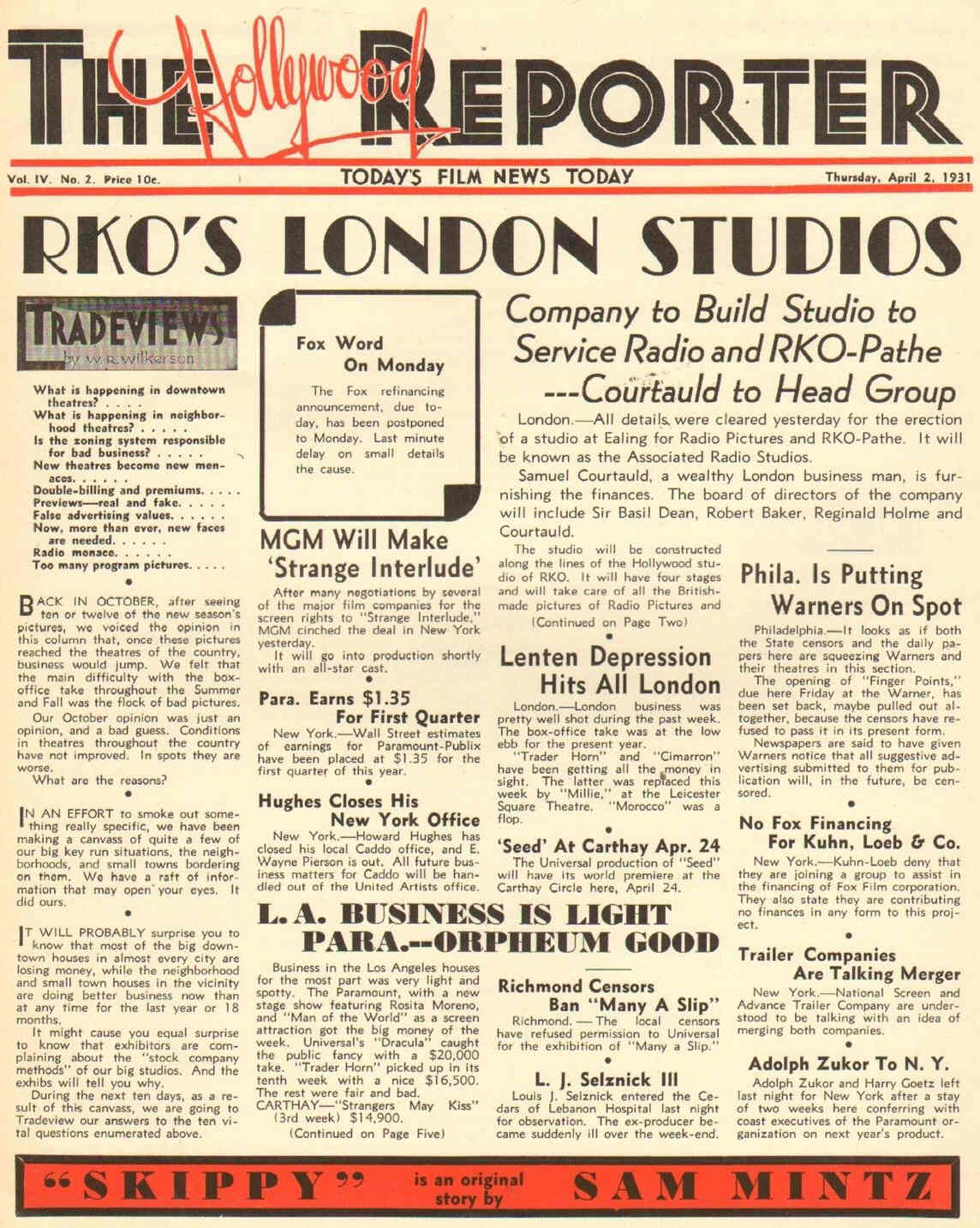 HOLLYWOOD REPORTER | THE magazine side cover 2 April 1931