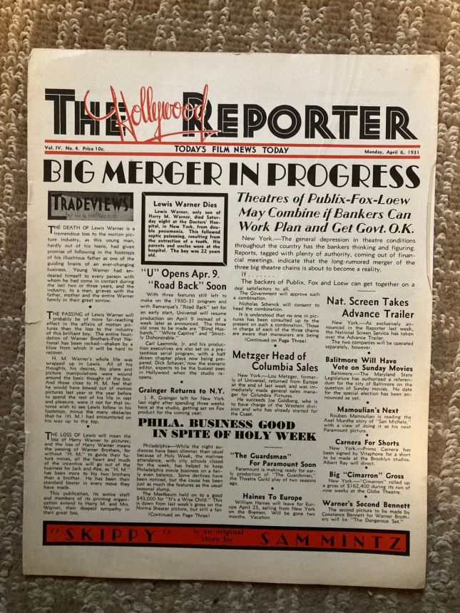 HOLLYWOOD REPORTER | THE magazine side cover 6 April 1931