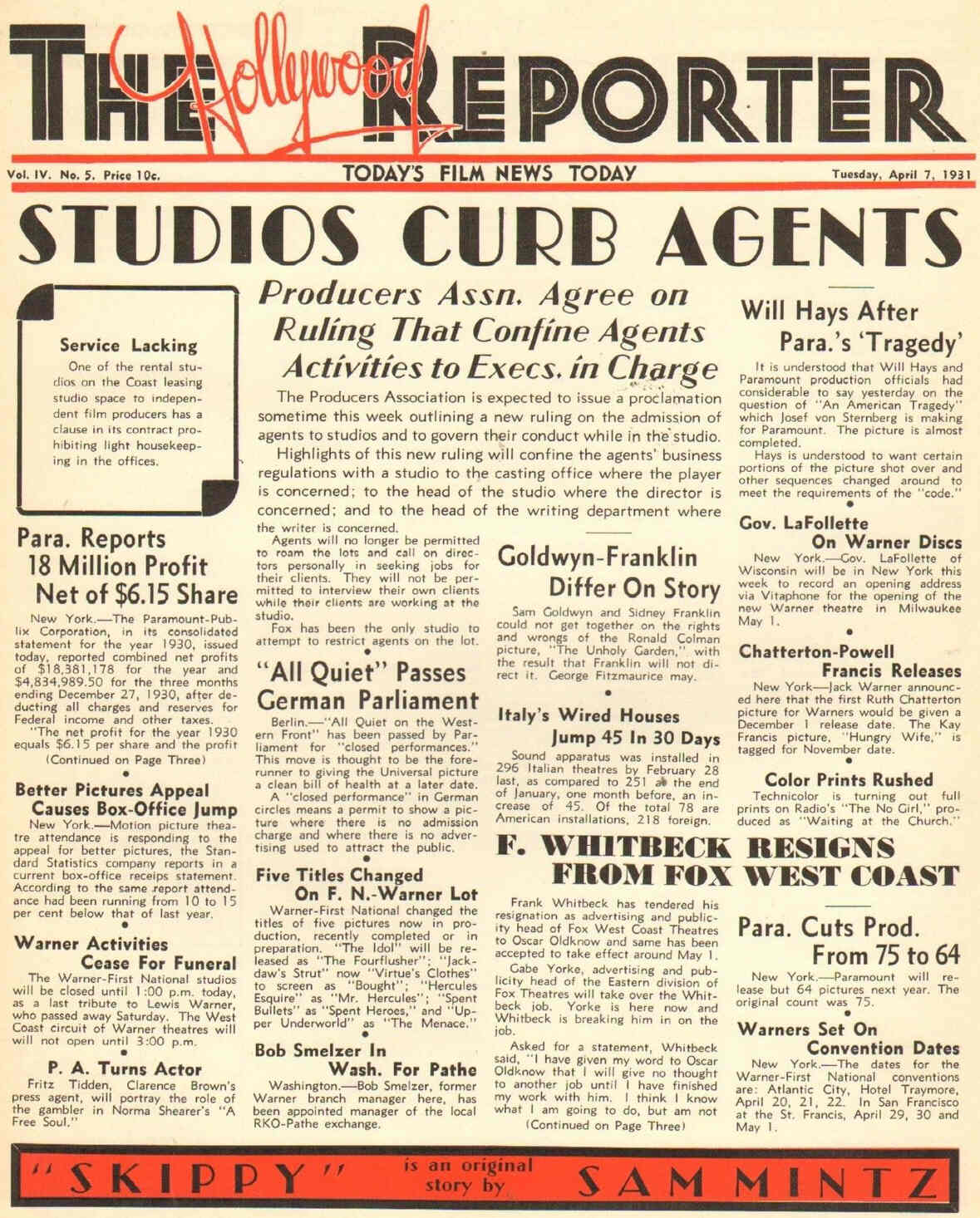 HOLLYWOOD REPORTER | THE magazine side cover 7 April 1931