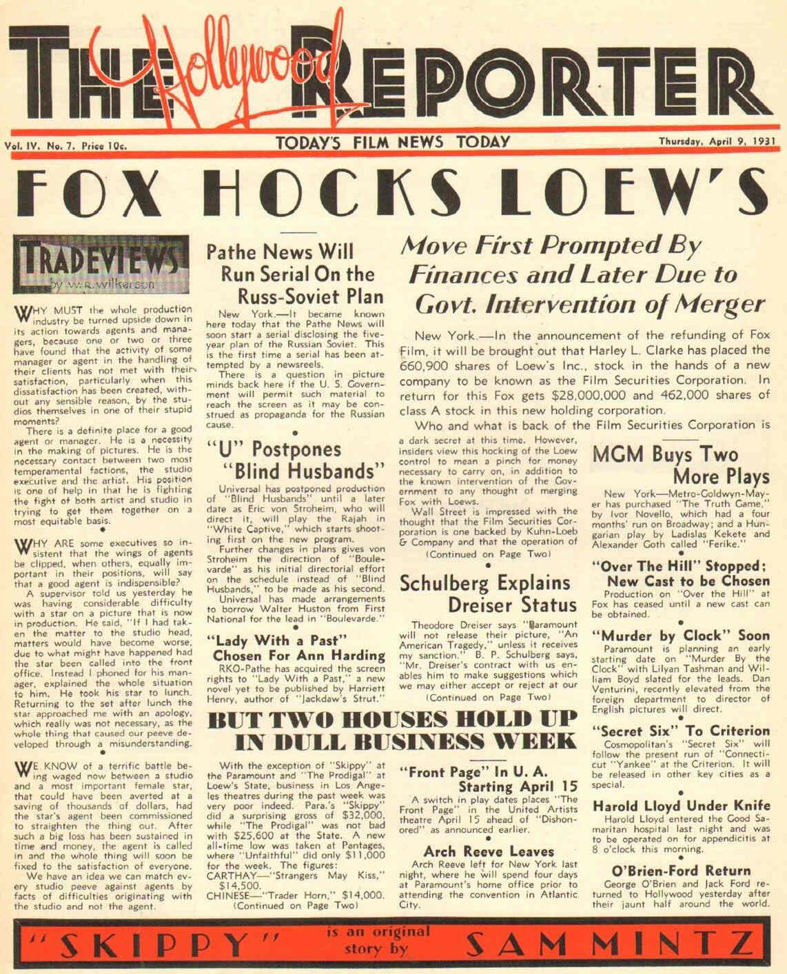 HOLLYWOOD REPORTER | THE magazine side cover 9 April 1931